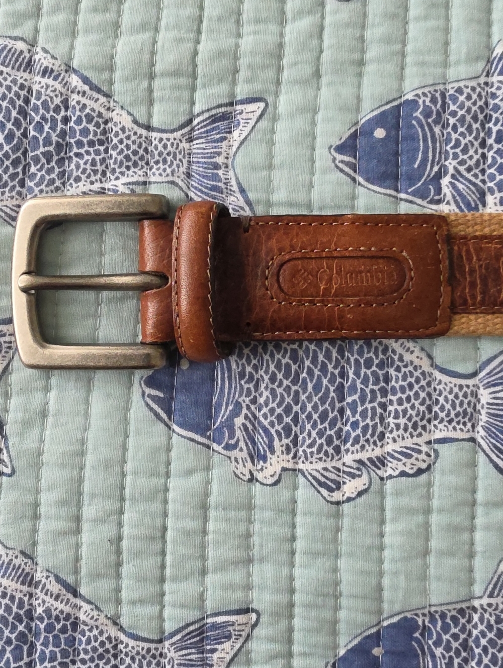 Columbia Men's Brown Leather & Tan Webbing Belt